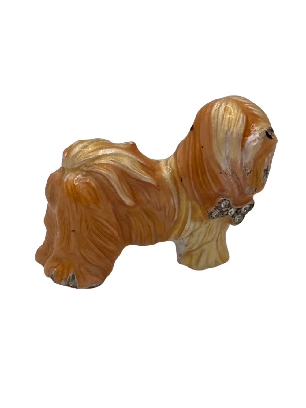 Vintage Signed BEST Shih Tzu Dog Brooch Rhinestone Bow 1.5”